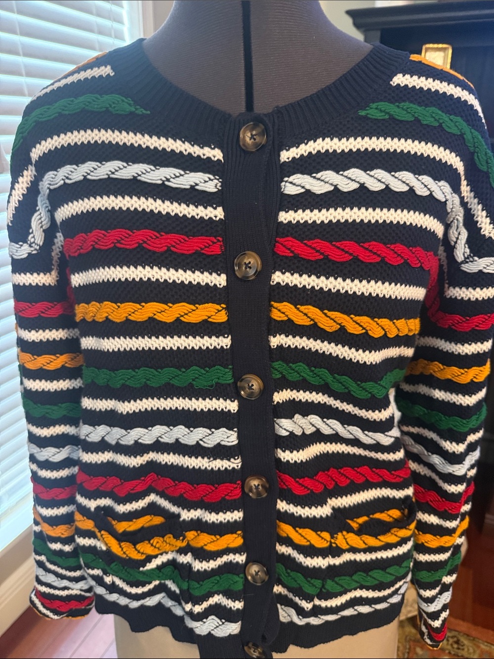 La Ligne Navy Striped Cardigan with Red, Yellow, Green & White
